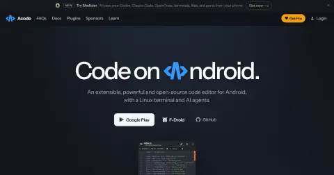 Acode 공식 사이트 첫 화면. "Code on Android" 문구와 구글 플레이·F-Droid·깃허브 내려받기 버튼, 아래에 편집기가 열린 휴대폰 화면이 있다.