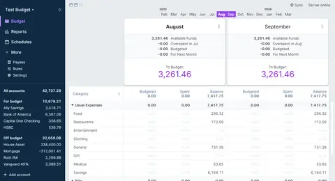 Actual Budget의 예산 화면. 왼쪽에 계좌 목록, 가운데에 항목별 배정·지출·잔액 표가 월별로 나열돼 있다.