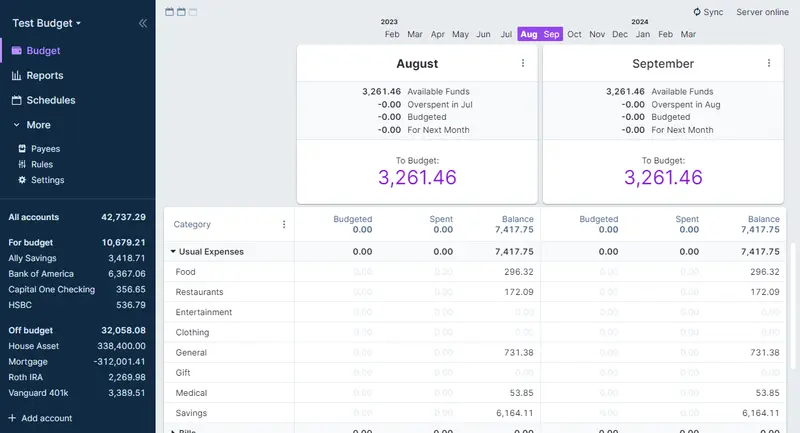 Actual Budget의 예산 화면. 왼쪽에 계좌 목록, 가운데에 항목별 배정·지출·잔액 표가 월별로 나열돼 있다.