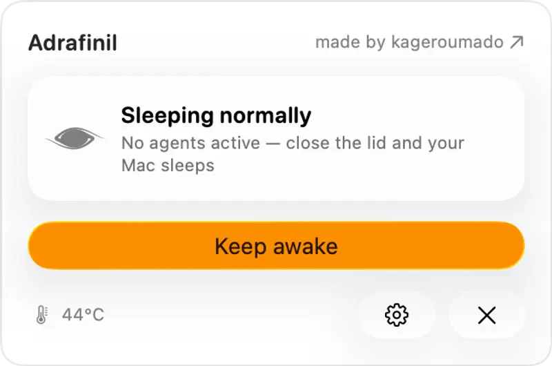 Adrafinil 메뉴 막대 팝오버의 세 가지 상태: 에이전트가 일하는 동안 깨어 있음(Keep awake / Let it sleep 버튼), 에이전트 없음·정상 잠자기, 15분부터 무기한까지 고르는 수동 유지 시간 선택