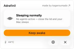 Adrafinil 메뉴 막대 팝오버의 세 가지 상태: 에이전트가 일하는 동안 깨어 있음(Keep awake / Let it sleep 버튼), 에이전트 없음·정상 잠자기, 15분부터 무기한까지 고르는 수동 유지 시간 선택