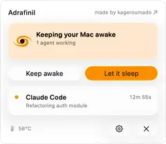 Adrafinil 메뉴 막대 팝오버의 세 가지 상태: 에이전트가 일하는 동안 깨어 있음(Keep awake / Let it sleep 버튼), 에이전트 없음·정상 잠자기, 15분부터 무기한까지 고르는 수동 유지 시간 선택