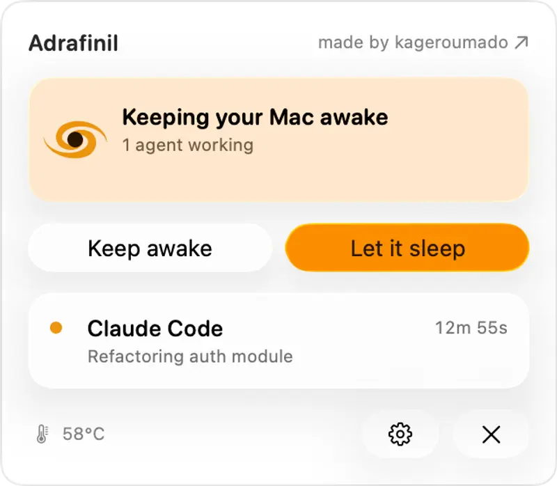 Adrafinil 메뉴 막대 팝오버의 세 가지 상태: 에이전트가 일하는 동안 깨어 있음(Keep awake / Let it sleep 버튼), 에이전트 없음·정상 잠자기, 15분부터 무기한까지 고르는 수동 유지 시간 선택