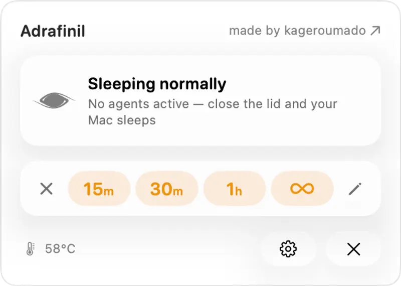 Adrafinil 메뉴 막대 팝오버의 세 가지 상태: 에이전트가 일하는 동안 깨어 있음(Keep awake / Let it sleep 버튼), 에이전트 없음·정상 잠자기, 15분부터 무기한까지 고르는 수동 유지 시간 선택