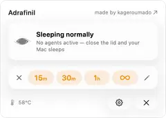 Adrafinil 메뉴 막대 팝오버의 세 가지 상태: 에이전트가 일하는 동안 깨어 있음(Keep awake / Let it sleep 버튼), 에이전트 없음·정상 잠자기, 15분부터 무기한까지 고르는 수동 유지 시간 선택