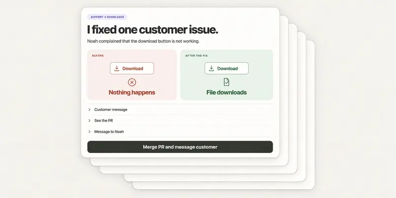 Agency 카드 예시. 고객 이슈 수정 제목, 버튼 전후 비교, 맨 아래 Merge PR and message customer 버튼.