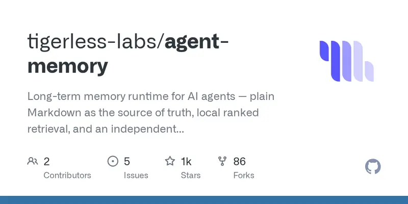 tigerless-labs/agent-memory 저장소의 GitHub 소셜 카드. 왼쪽에 이름과 설명, 오른쪽에 보라색 로고.