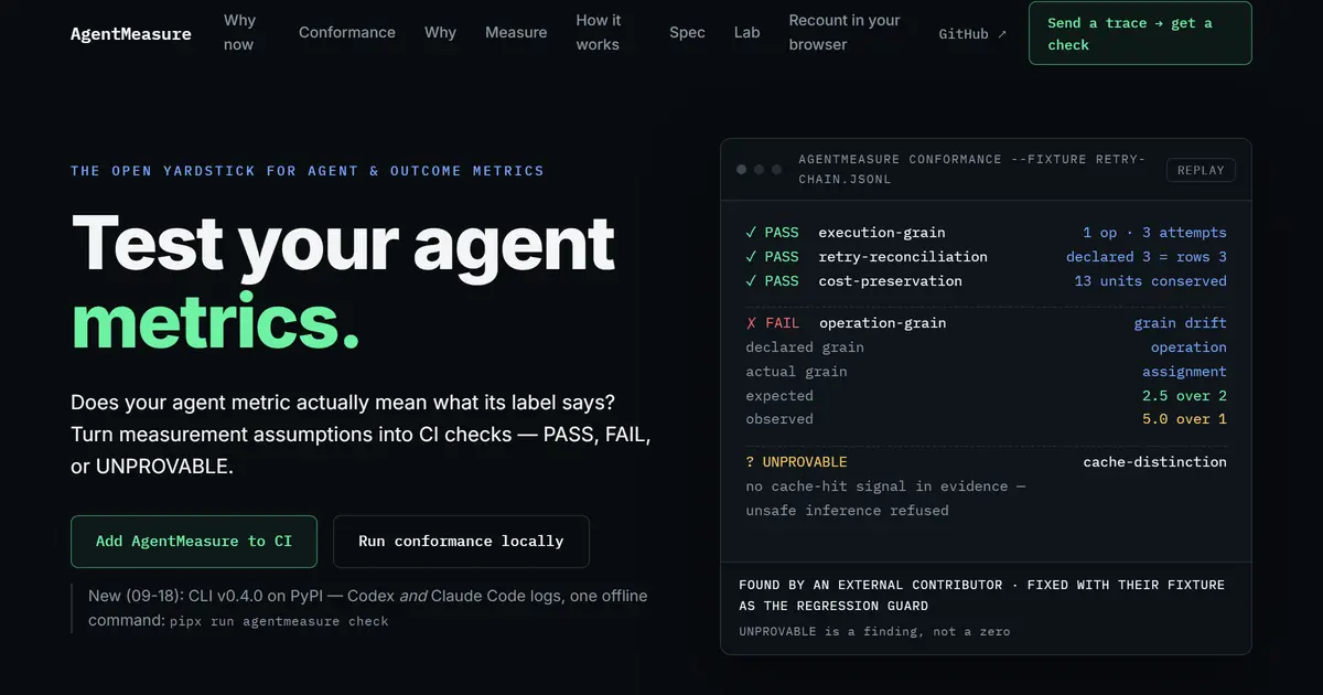 AgentMeasure 소개 화면. 왼쪽에 에이전트 지표의 열린 기준이라는 문구, 오른쪽에 PASS·FAIL·UNPROVABLE로 나뉜 점검 결과 터미널 화면이 있다.
