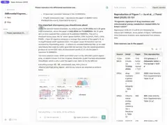 AIPOCH Open-Science 작업 공간 — 왼쪽 프로젝트/세션 목록, 가운데 에이전트 대화와 도구 활동, 오른쪽 생성된 표·그림 미리보기와 Provenance 패널