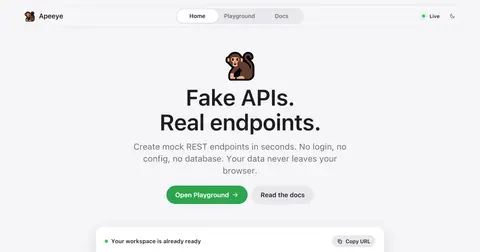 Apeeye 첫 화면. "Fake APIs. Real endpoints." 문구와 Playground 열기 버튼, 아래에 작업 공간 주소 복사 줄이 보인다.