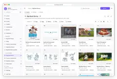 The Artbucket library: image, PDF and video cards in a 'Big Buck Bunny' collection with Type, Tags, Status and License filters.
