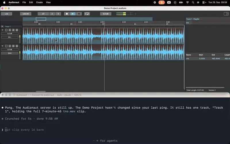 Audionaut 편집 화면. 위쪽에 스테레오 파형 트랙, 아래 터미널에서 Claude가 'cut clip every 16 bars' 명령을 받는 모습.