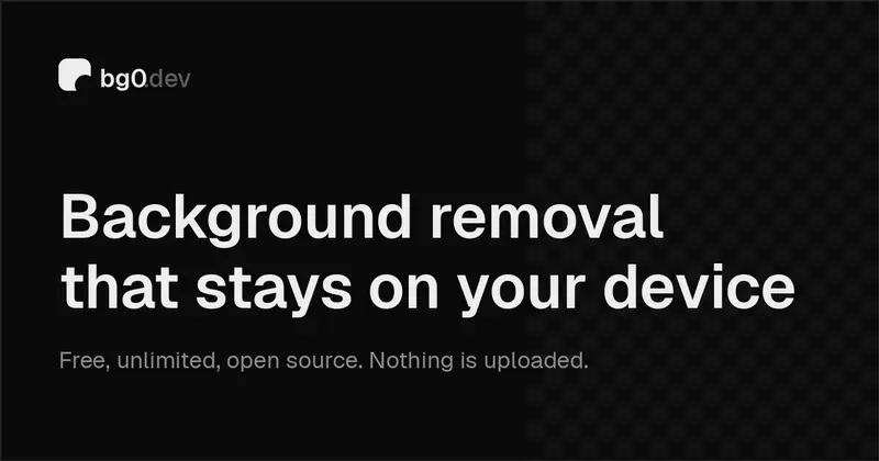bg0.dev 홈 화면. 어두운 배경에 큰 글씨로 "Background removal that stays on your device"라는 문구가 적혀 있습니다.