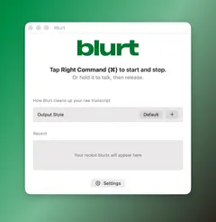 Blurt 받아쓰기 화면. 말한 내용이 정리된 문장으로 바뀌어 앱 창에 들어가는 모습이다.