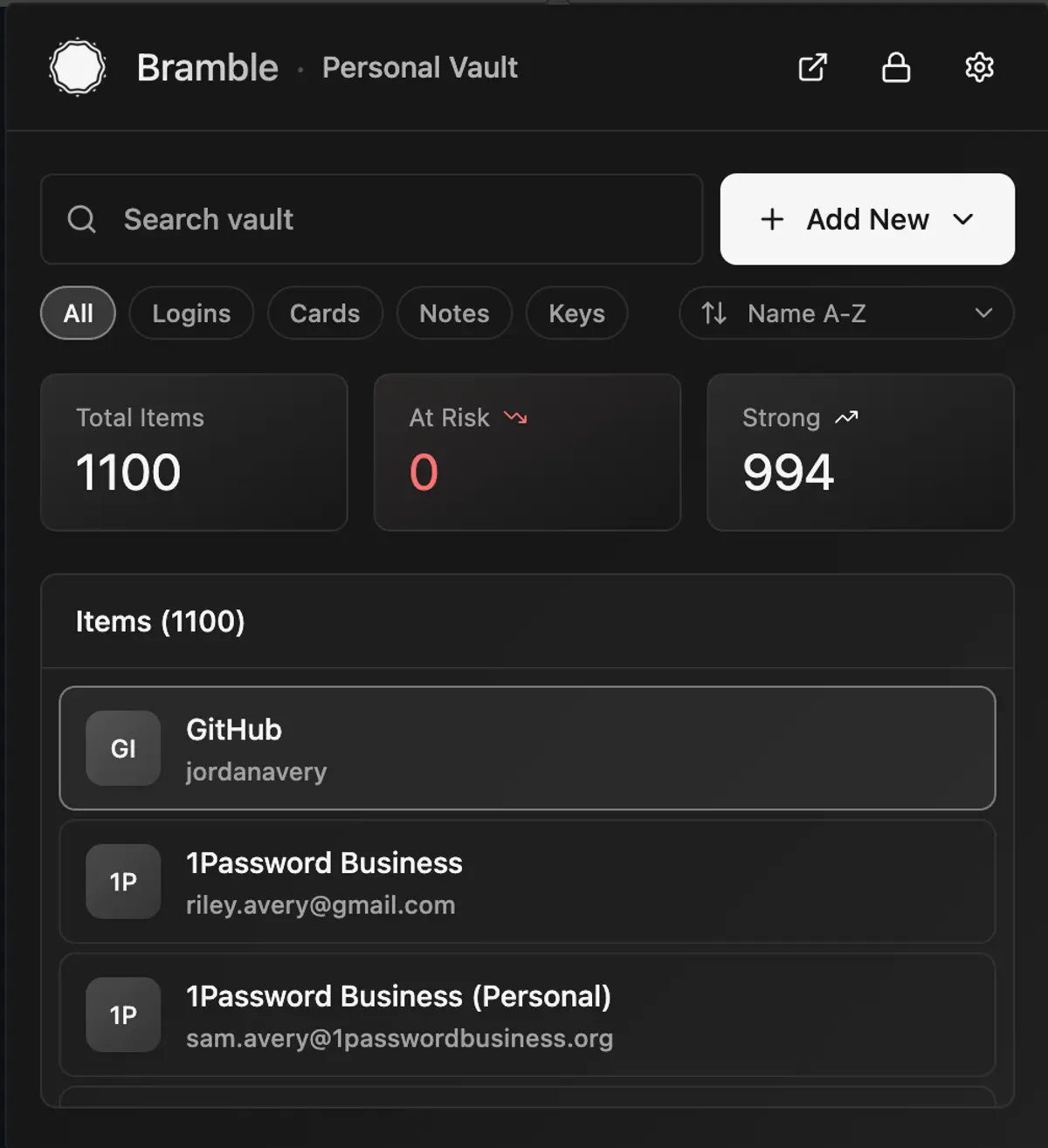 Bramble 확장의 Personal Vault 목록: 항목 1,100개, 필터와 검색, GitHub·1Password Business 항목