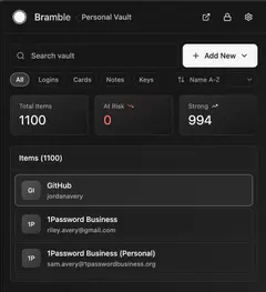 Bramble 확장의 Personal Vault 목록: 항목 1,100개, 필터와 검색, GitHub·1Password Business 항목