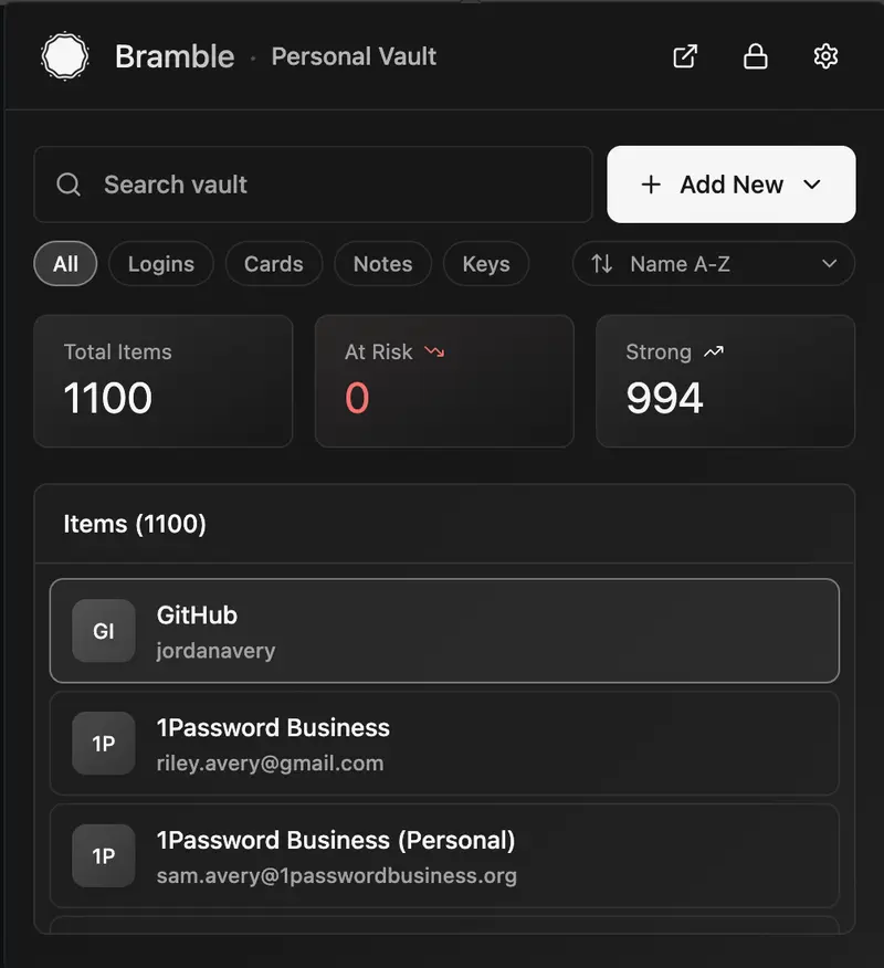 Bramble 확장의 Personal Vault 목록: 항목 1,100개, 필터와 검색, GitHub·1Password Business 항목