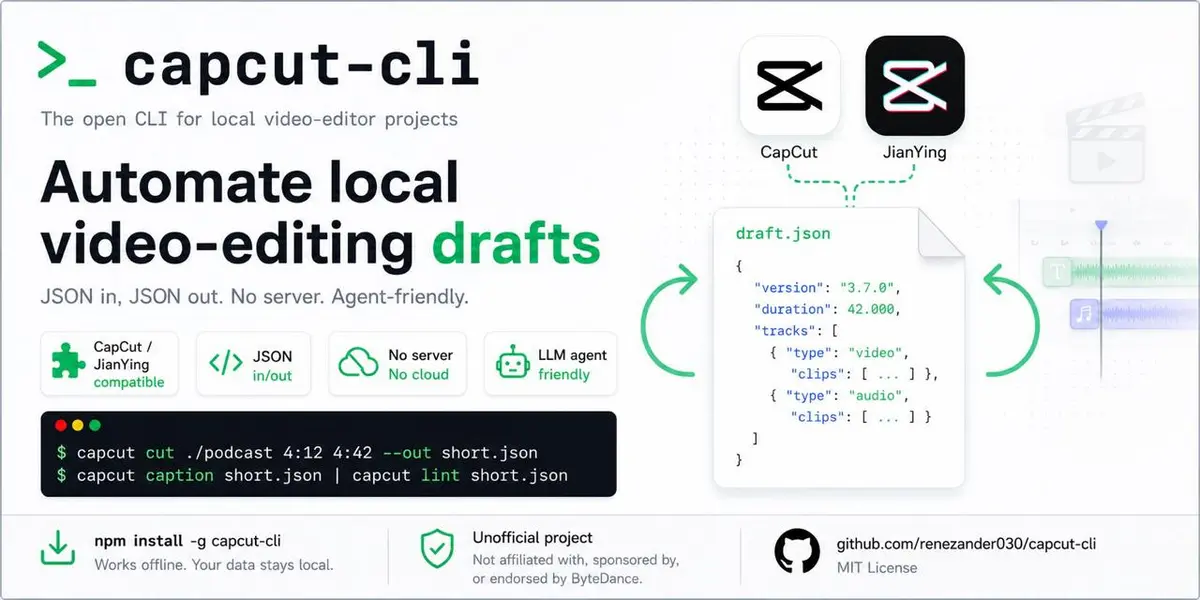 capcut-cli 소개 카드. 캡컷·젠잉 로고와 초안 파일(draft.json) 구조, 설치 명령이 정리돼 있다.