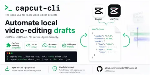 The capcut-cli project card, showing the CapCut/JianYing logos, the draft.json structure, and the install command.