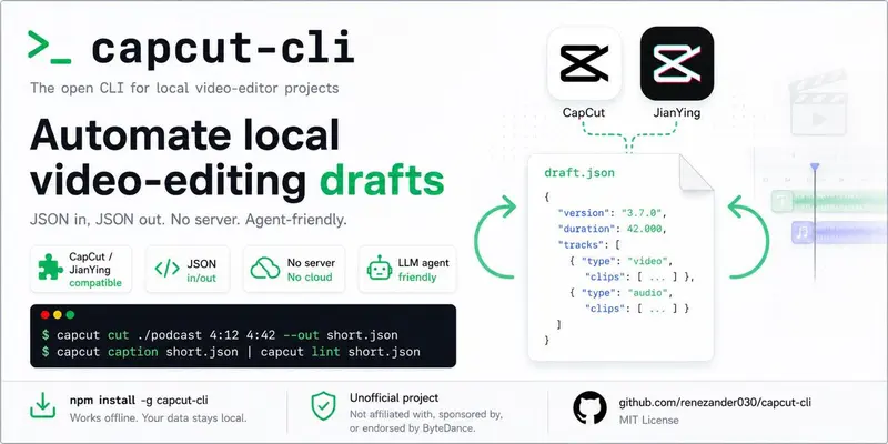 capcut-cli 소개 카드. 캡컷·젠잉 로고와 초안 파일(draft.json) 구조, 설치 명령이 정리돼 있다.