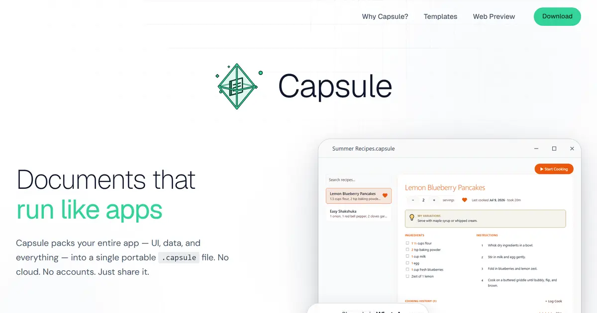Capsule 홈페이지. "Documents that run like apps"라는 문구 옆에 열려 있는 요리 레시피 앱 창(Summer Recipes.capsule)이 떠 있습니다.
