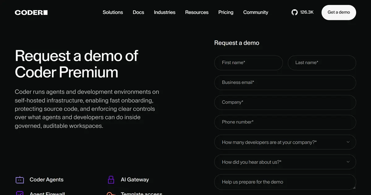 The Coder product page describing self-hosted development environments and AI coding agents.