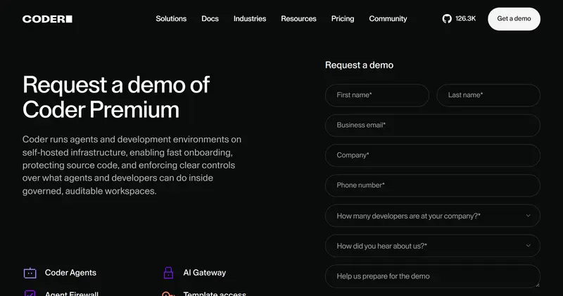 The Coder product page describing self-hosted development environments and AI coding agents.