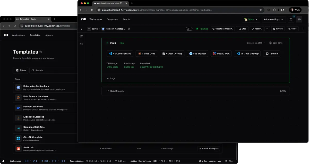 The Coder product page describing self-hosted development environments and AI coding agents.