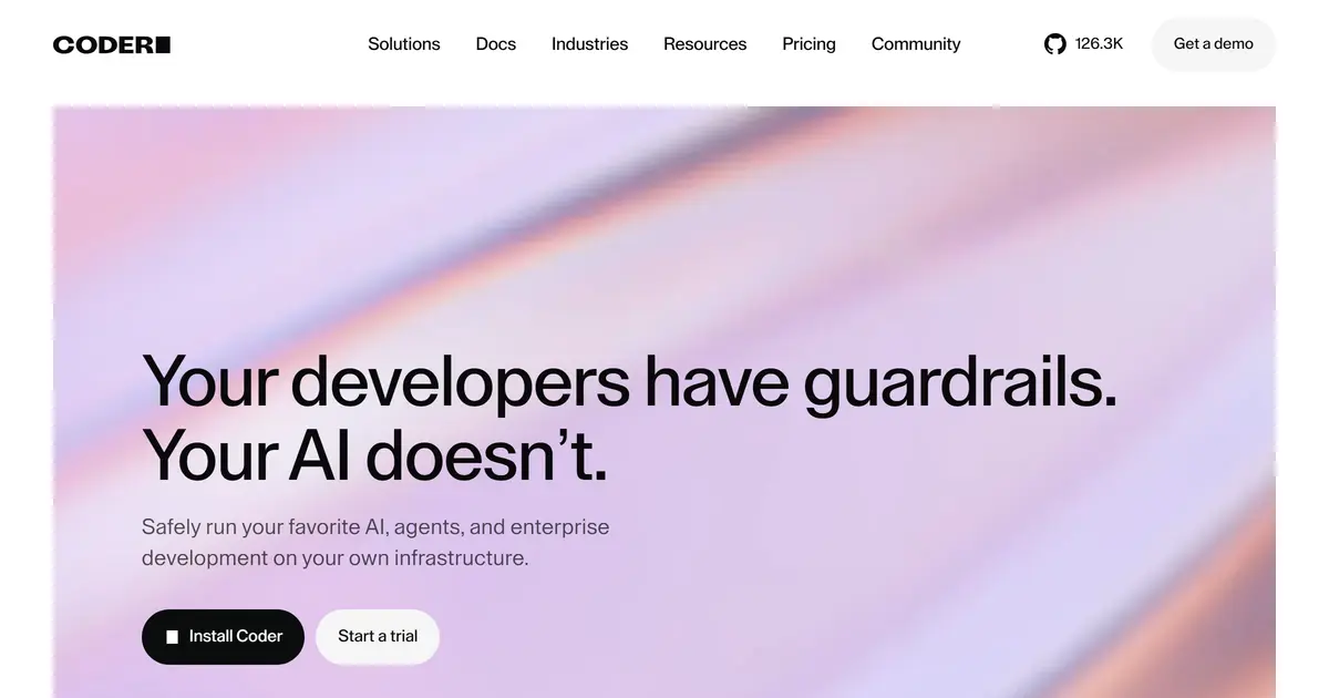 The Coder product page describing self-hosted development environments and AI coding agents.