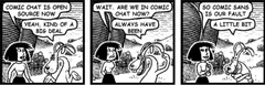 A three-panel comic with the original Comic Chat characters — a rabbit-eared genie and a bob-haired girl — joking that Comic Chat is open source now.
