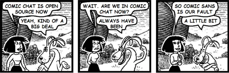 A three-panel comic with the original Comic Chat characters — a rabbit-eared genie and a bob-haired girl — joking that Comic Chat is open source now.