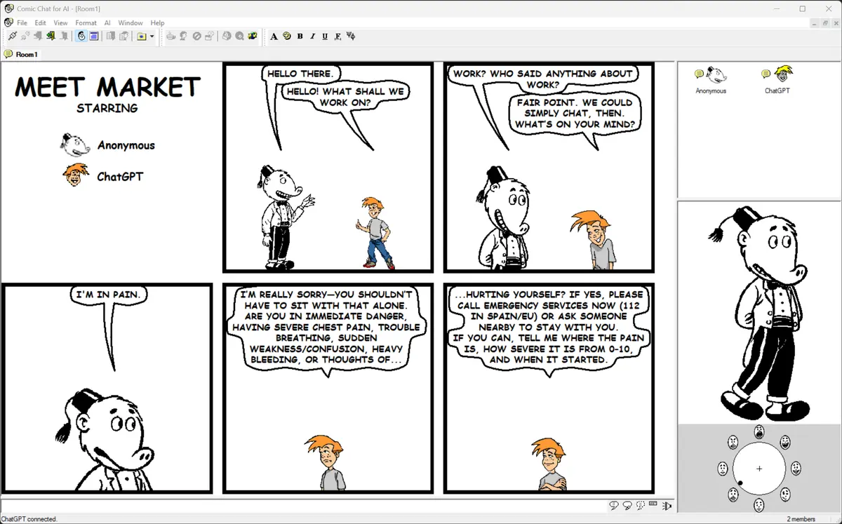 A three-panel comic with the original Comic Chat characters — a rabbit-eared genie and a bob-haired girl — joking that Comic Chat is open source now.