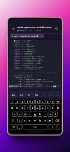 Conduit 폰 화면 — nvim이 열린 SSH 터미널과 하단의 Esc·Ctrl·Alt·Tab·화살표 키 줄