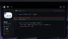 Coucou 노치 화면. 왼쪽에 'korus / Claude Code' 세션과 Read·Edit·Bash·Done 단계, 오른쪽에 invoice.ts 코드 수정 비교가 보인다.