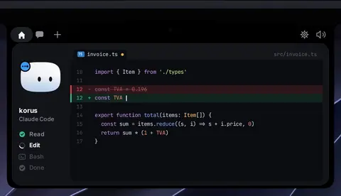 The Coucou notch view: a 'korus / Claude Code' session with Read, Edit, Bash and Done steps, and a diff of invoice.ts on the right.