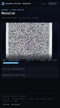 다른 화면의 애니메이션 QR 스트림을 읽으며 파일을 수신하는 폰: 130.5KB/s 처리량과 절반쯤 진행된 디코딩 진행 표시