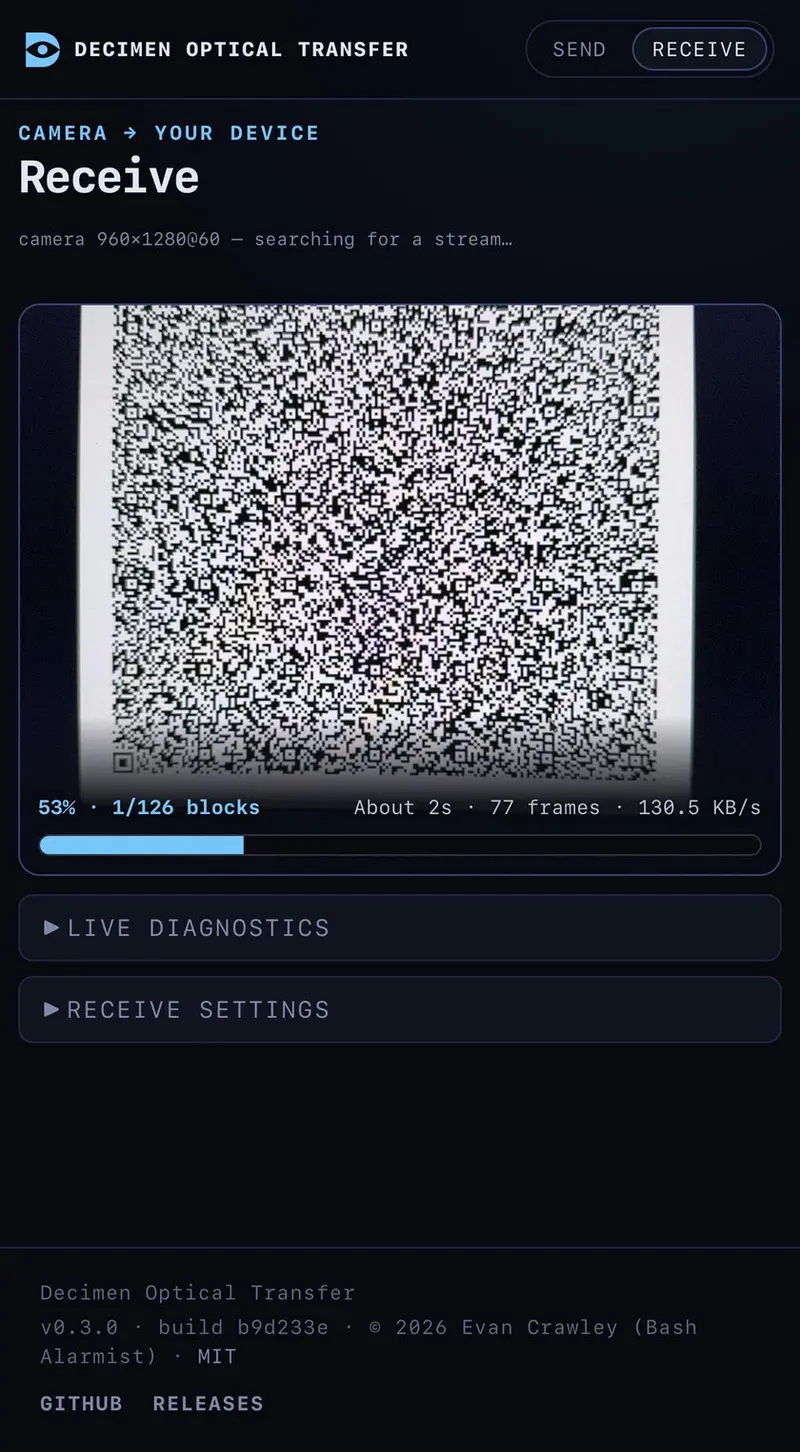 다른 화면의 애니메이션 QR 스트림을 읽으며 파일을 수신하는 폰: 130.5KB/s 처리량과 절반쯤 진행된 디코딩 진행 표시