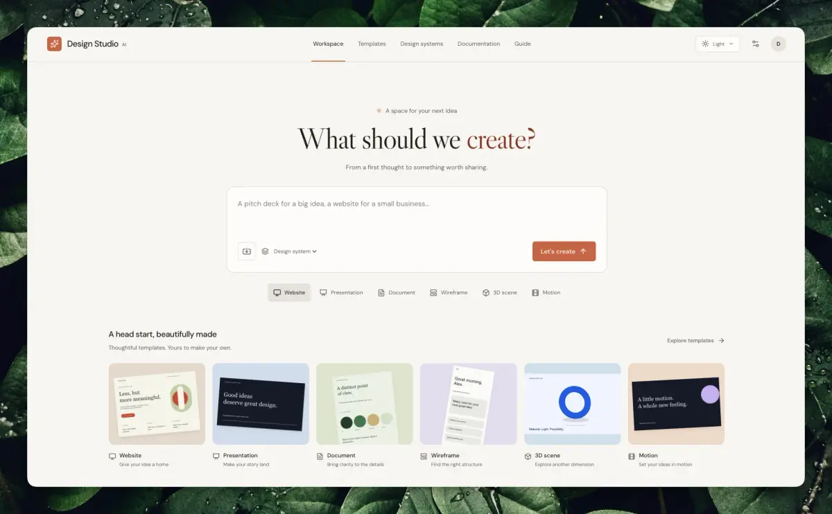Design Studio AI 작업 공간. 가운데에 What should we create? 입력창, 아래에 템플릿 여섯 종.