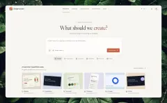 Design Studio AI 작업 공간. 가운데에 What should we create? 입력창, 아래에 템플릿 여섯 종.