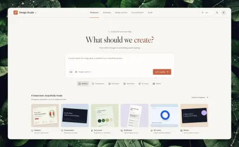 Design Studio AI 작업 공간. 가운데에 What should we create? 입력창, 아래에 템플릿 여섯 종.