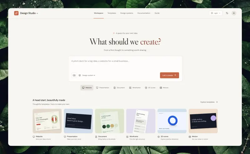 Design Studio AI 작업 공간. 가운데에 What should we create? 입력창, 아래에 템플릿 여섯 종.
