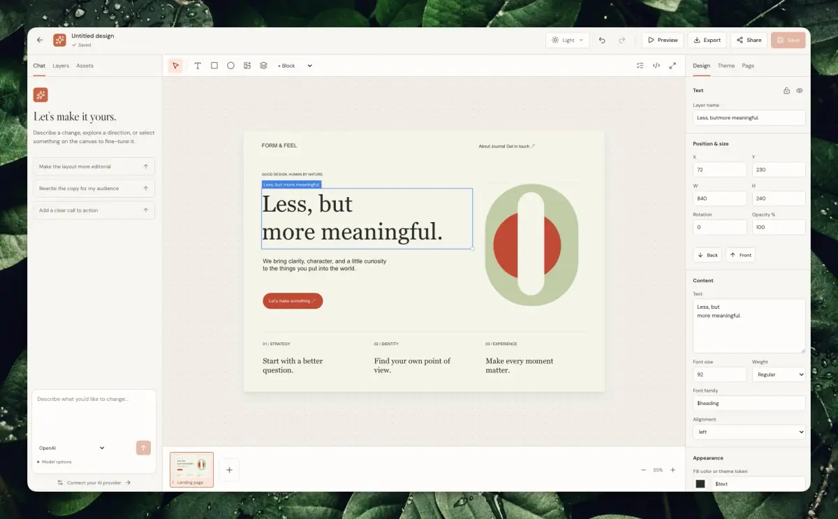 Design Studio AI 작업 공간. 가운데에 What should we create? 입력창, 아래에 템플릿 여섯 종.