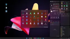 DeskBox 바탕화면(Mica 재질): 가운데 검색 런처와 오른쪽의 음악·날씨·할 일·파일·빠른 메모 위젯(윈도우 11, 일부 중국어 파일명)