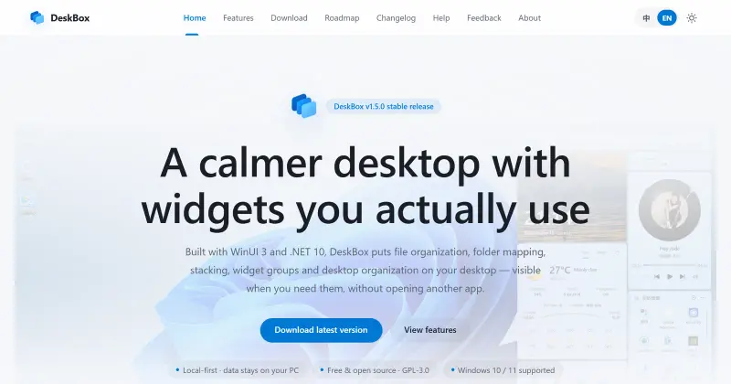 DeskBox 바탕화면(Mica 재질): 가운데 검색 런처와 오른쪽의 음악·날씨·할 일·파일·빠른 메모 위젯(윈도우 11, 일부 중국어 파일명)