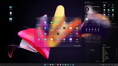 DeskBox 바탕화면(Mica 재질): 가운데 검색 런처와 오른쪽의 음악·날씨·할 일·파일·빠른 메모 위젯(윈도우 11, 일부 중국어 파일명)