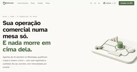 deskcomm.com.br 랜딩. 포르투갈어 헤드라인('Sua operação comercial…'), VPS 설치 버튼, 3D 일러스트.