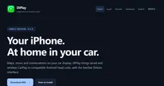 The DiPlay home screen: 'A familiar drive.', a Connect phone button for wireless CarPlay, Connect with USB and Settings, on a dark background.