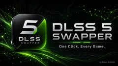 DLSS 5 Swapper 홍보 배너. 검은 회로 배경에 초록 '5' 앱 아이콘, 오른쪽에 One Click. Every Game. 문구.