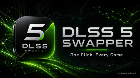 DLSS 5 Swapper 홍보 배너. 검은 회로 배경에 초록 '5' 앱 아이콘, 오른쪽에 One Click. Every Game. 문구.