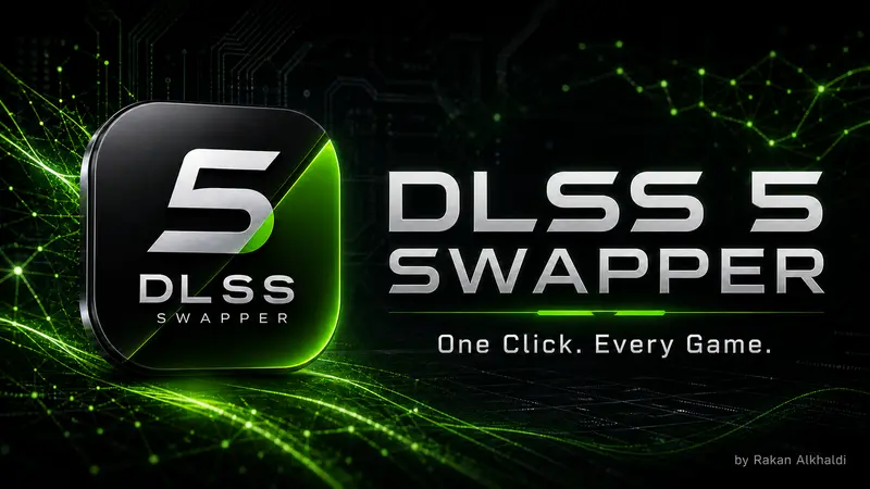 DLSS 5 Swapper 홍보 배너. 검은 회로 배경에 초록 '5' 앱 아이콘, 오른쪽에 One Click. Every Game. 문구.